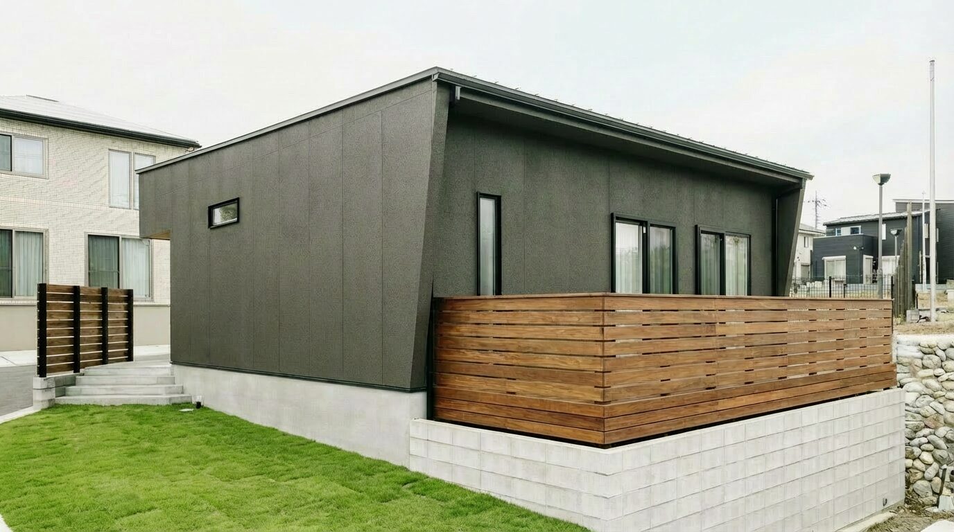 傾斜地に建つ斜め壁の平屋 / 南河内郡太子町